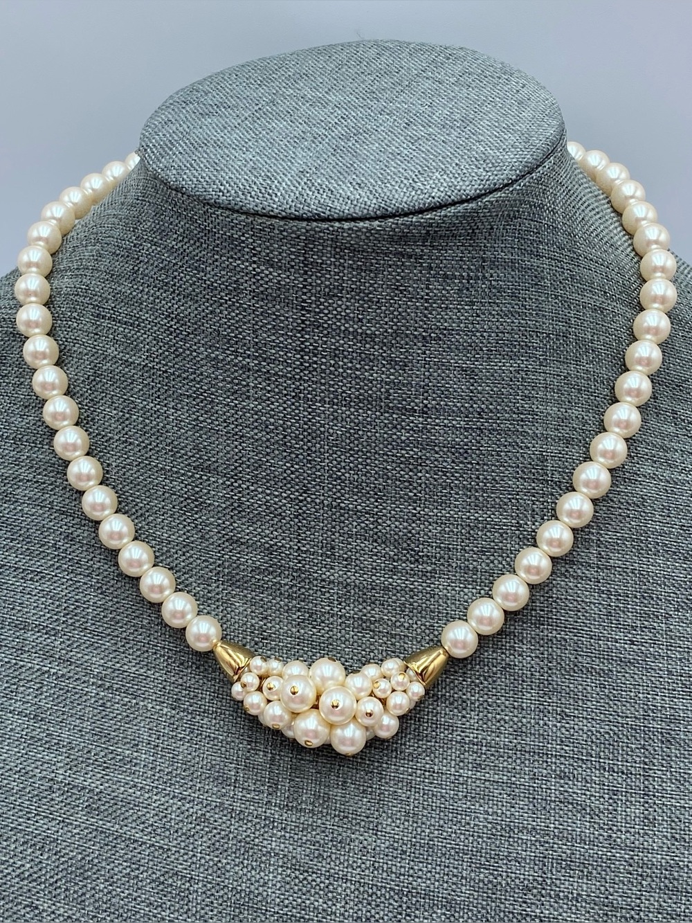 Marvella Necklace White Faux Pearls cluster Center Gold Tone Accents 18”